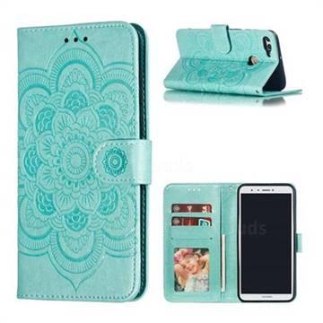 Intricate Embossing Datura Solar Leather Wallet Case for Huawei Y9 (2018) - Green