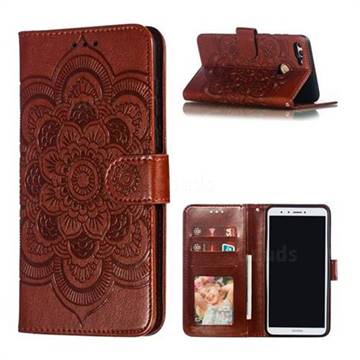 Intricate Embossing Datura Solar Leather Wallet Case for Huawei Y9 (2018) - Brown