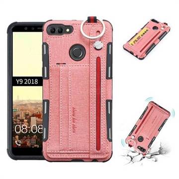 British Style Canvas Pattern Multi-function Leather Phone Case for Huawei Y9 (2018) - Pink