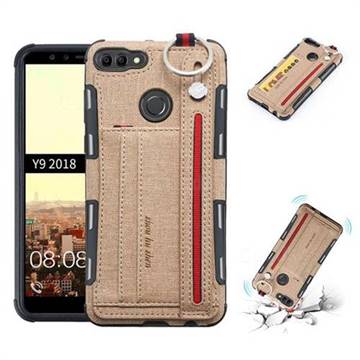 British Style Canvas Pattern Multi-function Leather Phone Case for Huawei Y9 (2018) - Khaki