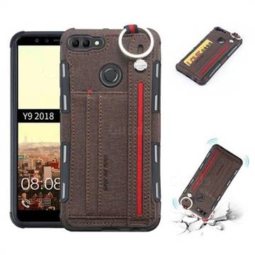 British Style Canvas Pattern Multi-function Leather Phone Case for Huawei Y9 (2018) - Brown