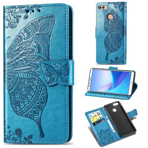 Embossing Mandala Flower Butterfly Leather Wallet Case for Huawei Y9 (2018) - Blue