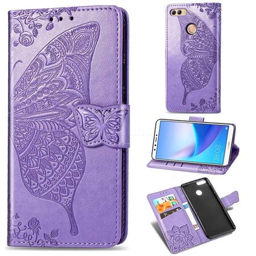 Embossing Mandala Flower Butterfly Leather Wallet Case for Huawei Y9 (2018) - Light Purple