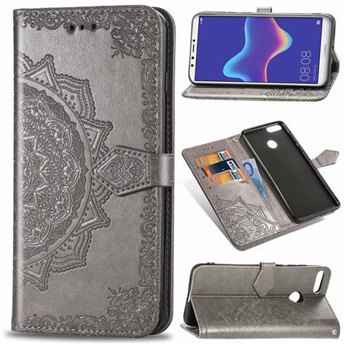 Embossing Imprint Mandala Flower Leather Wallet Case for Huawei Y9 (2018) - Gray