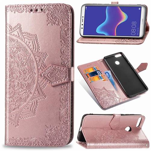 Embossing Imprint Mandala Flower Leather Wallet Case for Huawei Y9 (2018) - Rose Gold