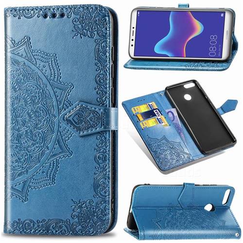 Embossing Imprint Mandala Flower Leather Wallet Case for Huawei Y9 (2018) - Blue