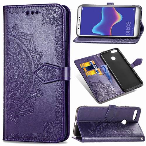 Embossing Imprint Mandala Flower Leather Wallet Case for Huawei Y9 (2018) - Purple