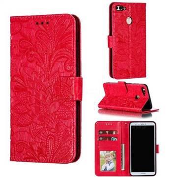 Intricate Embossing Lace Jasmine Flower Leather Wallet Case for Huawei Y9 (2018) - Red