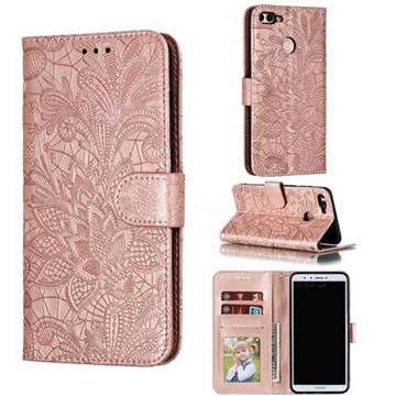 Intricate Embossing Lace Jasmine Flower Leather Wallet Case for Huawei Y9 (2018) - Rose Gold