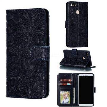 Intricate Embossing Lace Jasmine Flower Leather Wallet Case for Huawei Y9 (2018) - Dark Blue