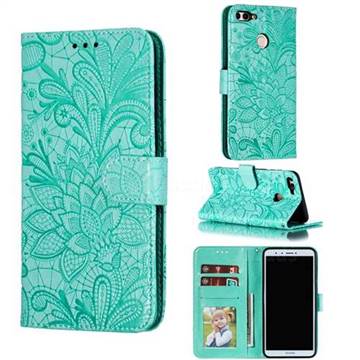 Intricate Embossing Lace Jasmine Flower Leather Wallet Case for Huawei Y9 (2018) - Green