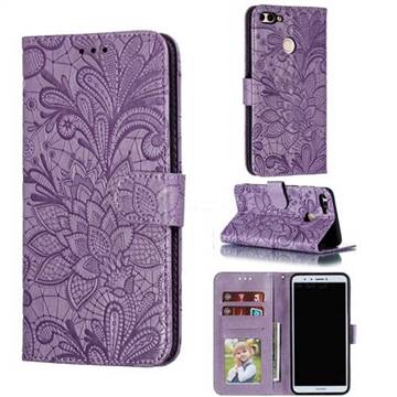 Intricate Embossing Lace Jasmine Flower Leather Wallet Case for Huawei Y9 (2018) - Purple