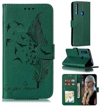 Intricate Embossing Lychee Feather Bird Leather Wallet Case for Huawei Y9 Prime (2019) - Green