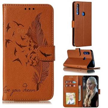Intricate Embossing Lychee Feather Bird Leather Wallet Case for Huawei Y9 Prime (2019) - Brown