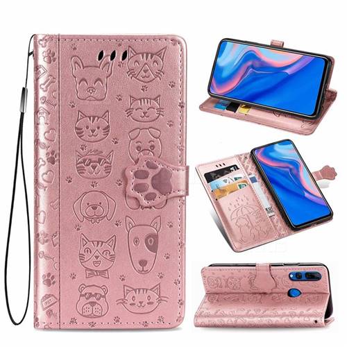 Embossing Dog Paw Kitten and Puppy Leather Wallet Case for Huawei Y9 Prime (2019) - Rose Gold