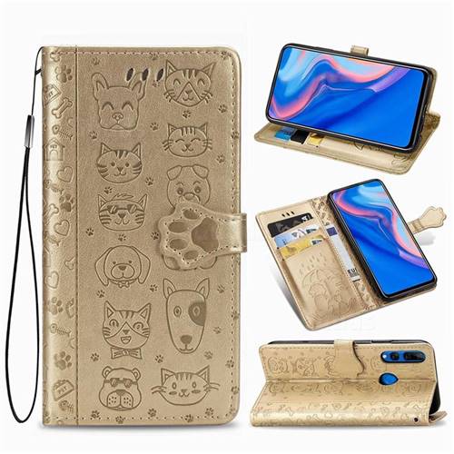 Embossing Dog Paw Kitten and Puppy Leather Wallet Case for Huawei Y9 Prime (2019) - Champagne Gold