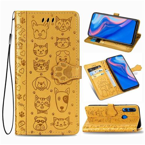 Embossing Dog Paw Kitten and Puppy Leather Wallet Case for Huawei Y9 Prime (2019) - Yellow
