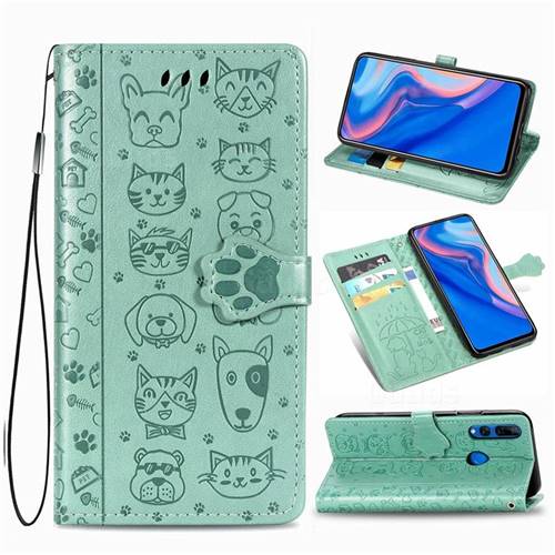 Embossing Dog Paw Kitten and Puppy Leather Wallet Case for Huawei Y9 Prime (2019) - Green