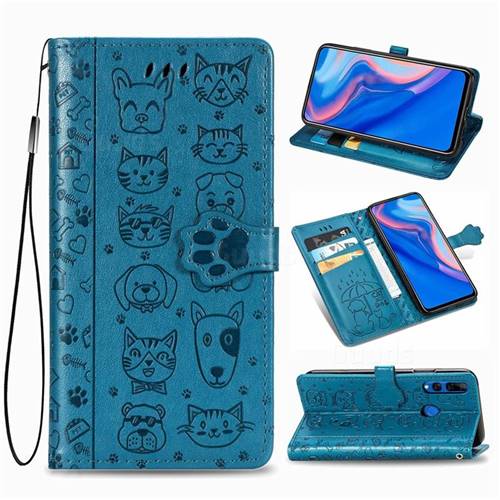 Embossing Dog Paw Kitten and Puppy Leather Wallet Case for Huawei Y9 Prime (2019) - Blue