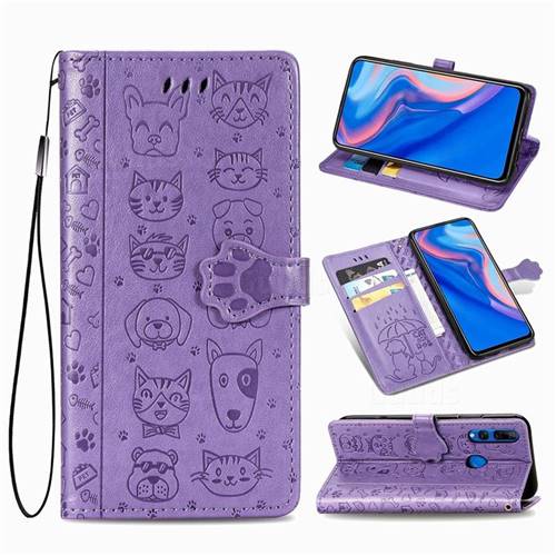 Embossing Dog Paw Kitten and Puppy Leather Wallet Case for Huawei Y9 Prime (2019) - Purple
