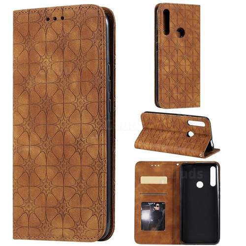 Intricate Embossing Four Leaf Clover Leather Wallet Case for Huawei Y9 Prime (2019) - Yellowish Brown