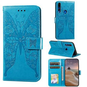 Intricate Embossing Rose Flower Butterfly Leather Wallet Case for Huawei Y9 Prime (2019) - Blue