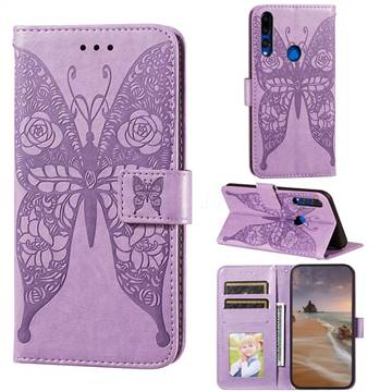 Intricate Embossing Rose Flower Butterfly Leather Wallet Case for Huawei Y9 Prime (2019) - Purple