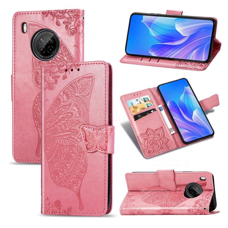 Embossing Mandala Flower Butterfly Leather Wallet Case for Huawei Y9a - Pink
