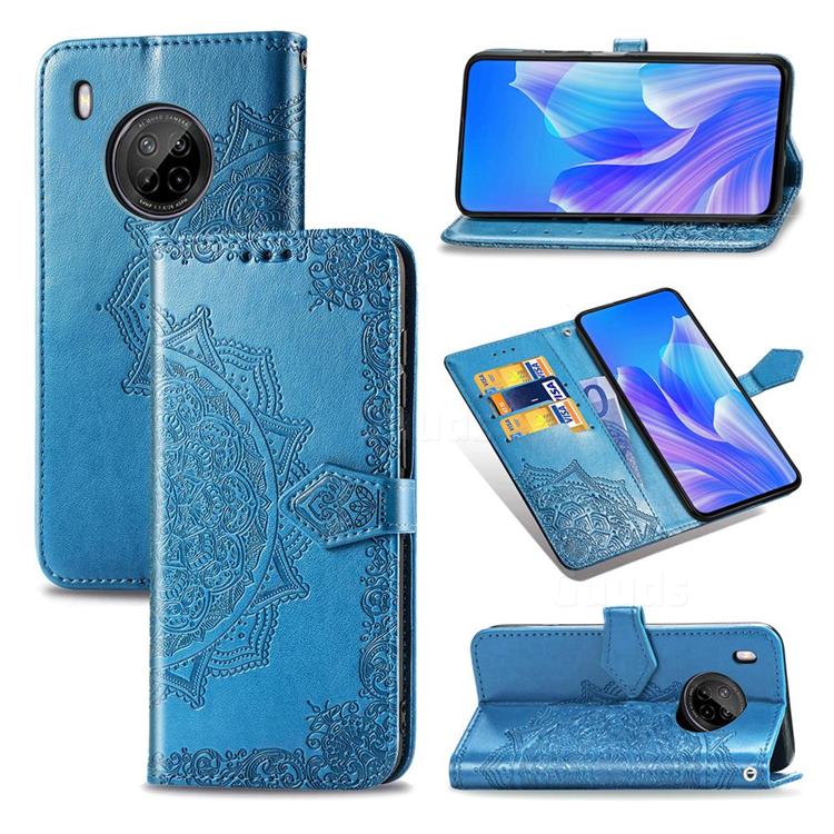 Embossing Imprint Mandala Flower Leather Wallet Case for Huawei Y9a - Blue