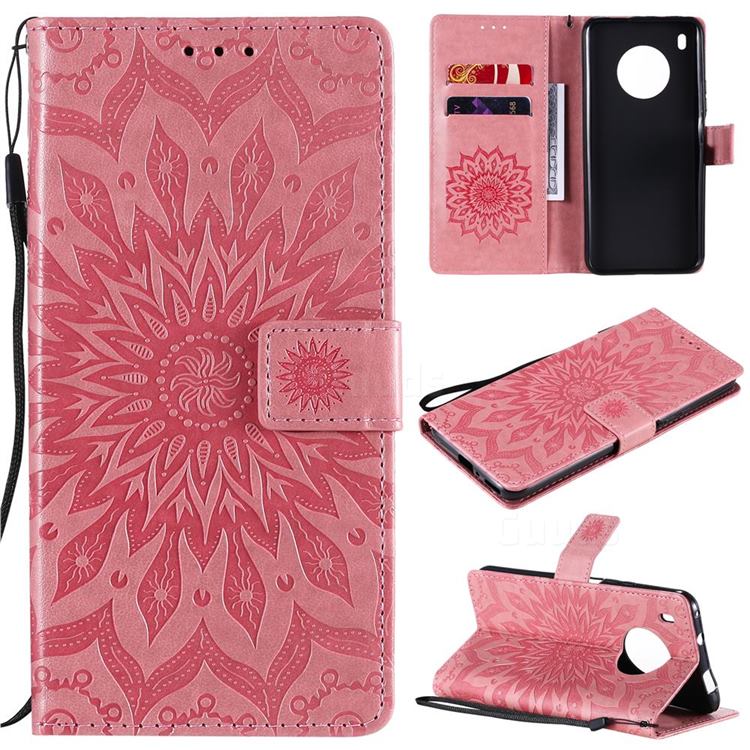 Embossing Sunflower Leather Wallet Case for Huawei Y9a - Pink