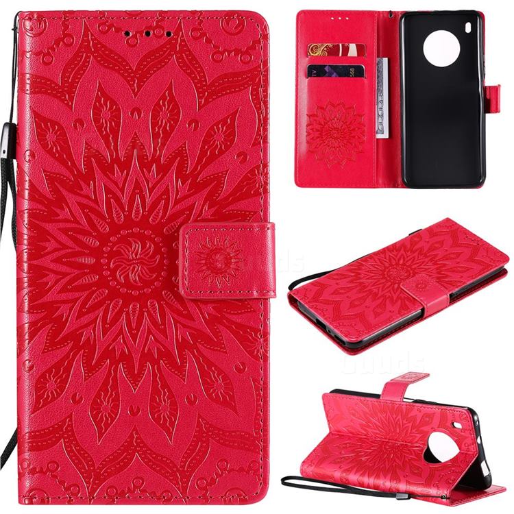 Embossing Sunflower Leather Wallet Case for Huawei Y9a - Red