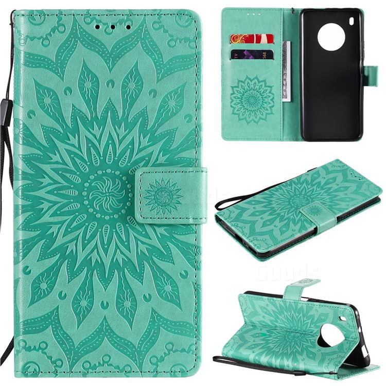 Embossing Sunflower Leather Wallet Case for Huawei Y9a - Green