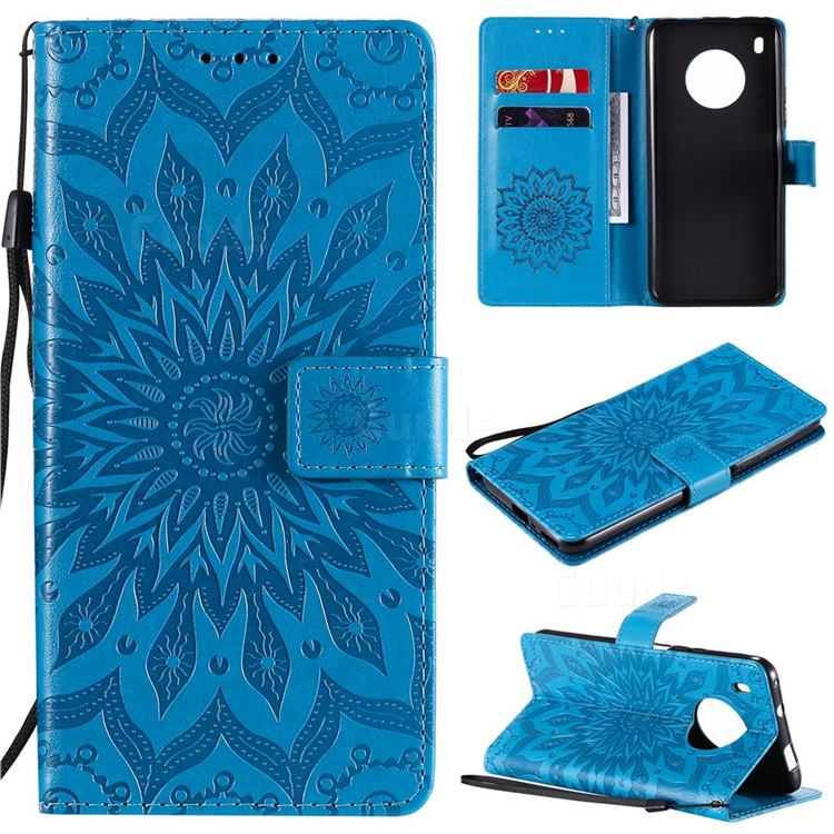 Embossing Sunflower Leather Wallet Case for Huawei Y9a - Blue