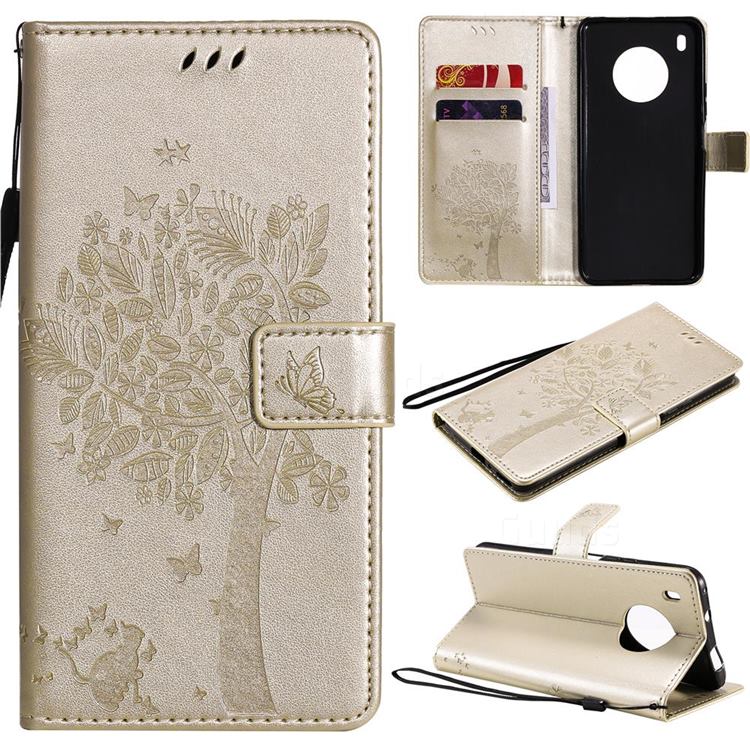 Embossing Butterfly Tree Leather Wallet Case for Huawei Y9a - Champagne