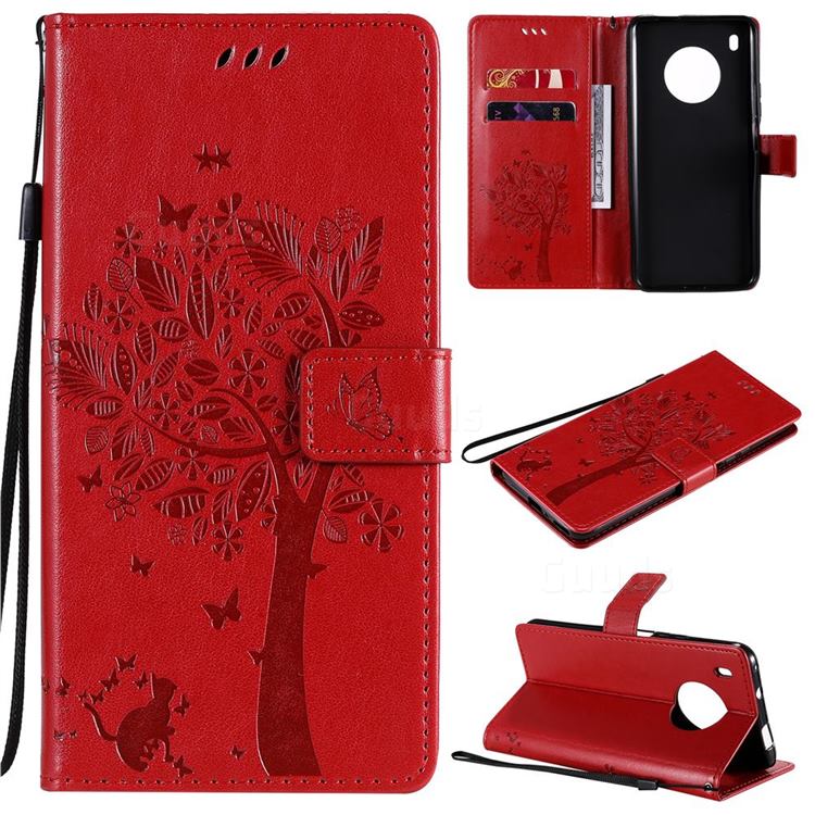 Embossing Butterfly Tree Leather Wallet Case for Huawei Y9a - Red