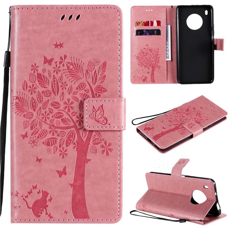 Embossing Butterfly Tree Leather Wallet Case for Huawei Y9a - Pink