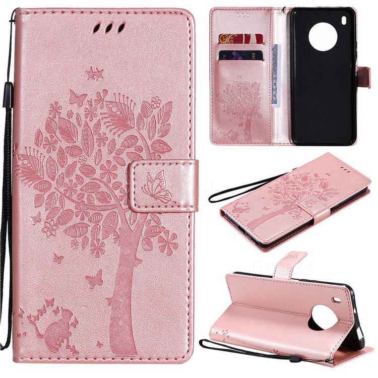 Embossing Butterfly Tree Leather Wallet Case for Huawei Y9a - Rose Pink