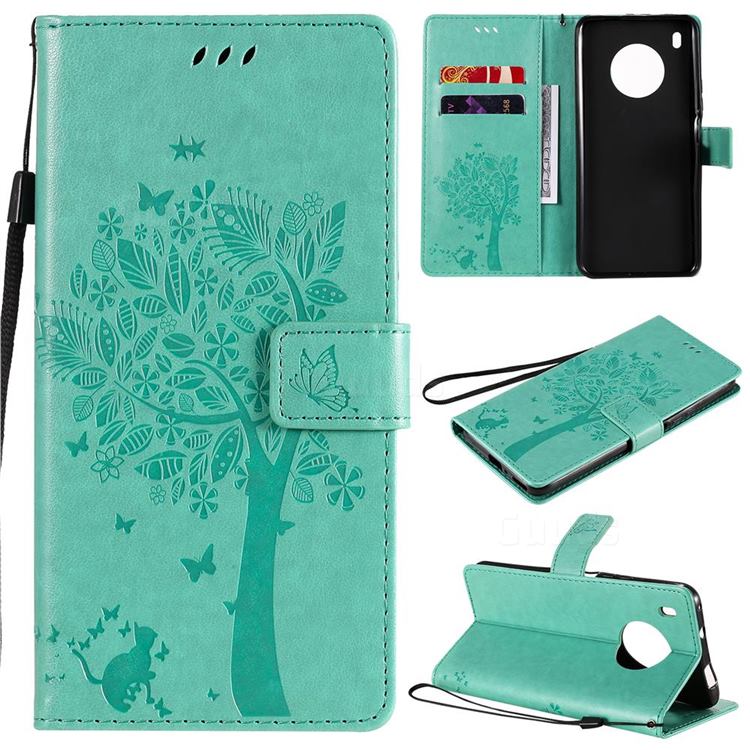 Embossing Butterfly Tree Leather Wallet Case for Huawei Y9a - Cyan