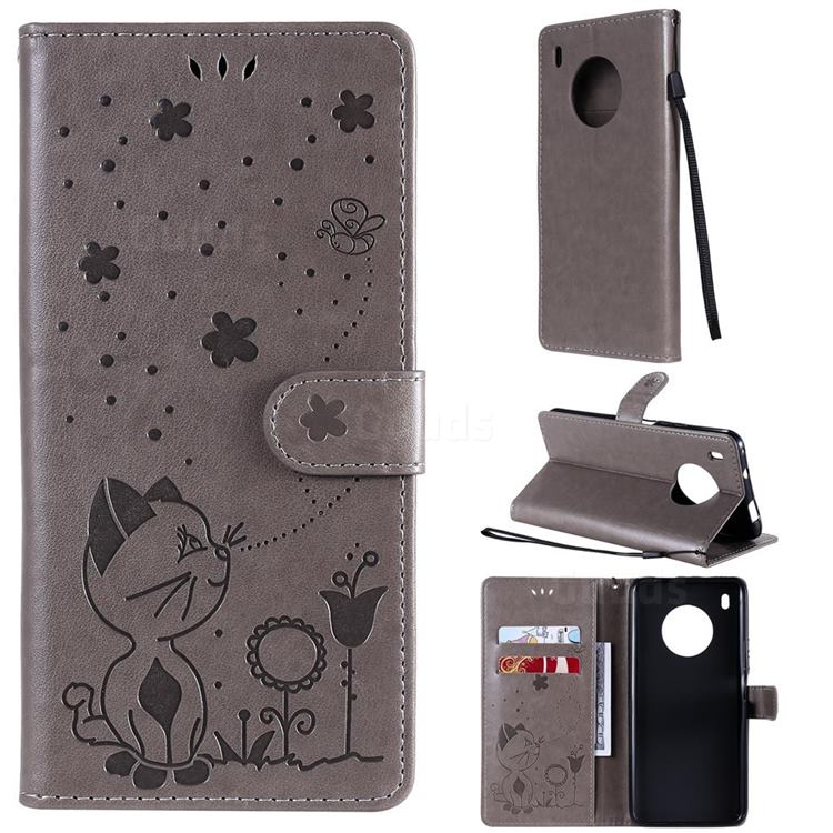 Embossing Bee and Cat Leather Wallet Case for Huawei Y9a - Gray