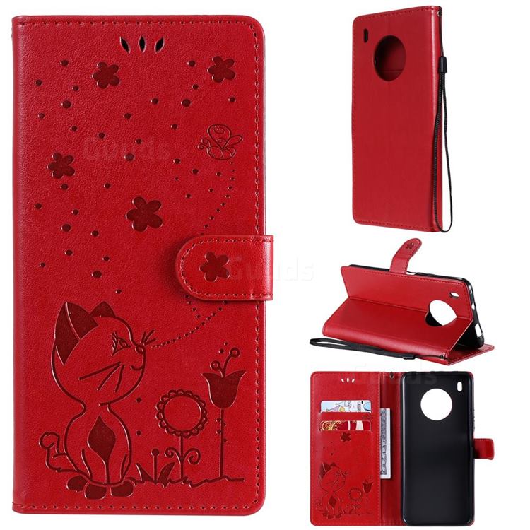 Embossing Bee and Cat Leather Wallet Case for Huawei Y9a - Red