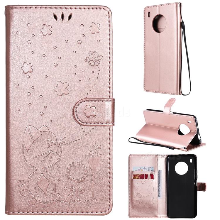 Embossing Bee and Cat Leather Wallet Case for Huawei Y9a - Rose Gold