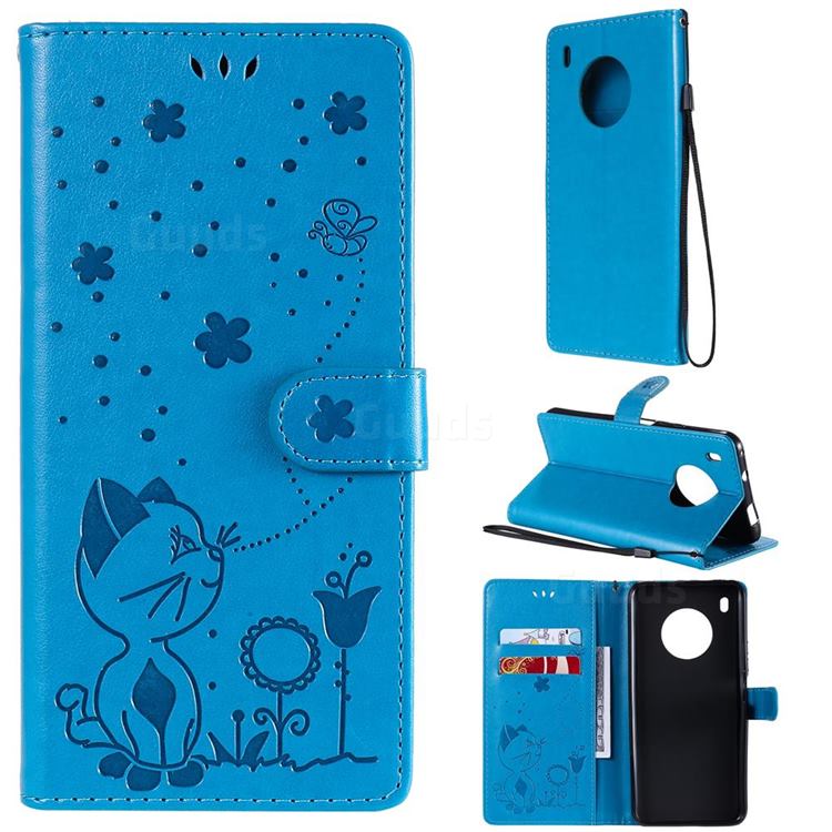 Embossing Bee and Cat Leather Wallet Case for Huawei Y9a - Blue