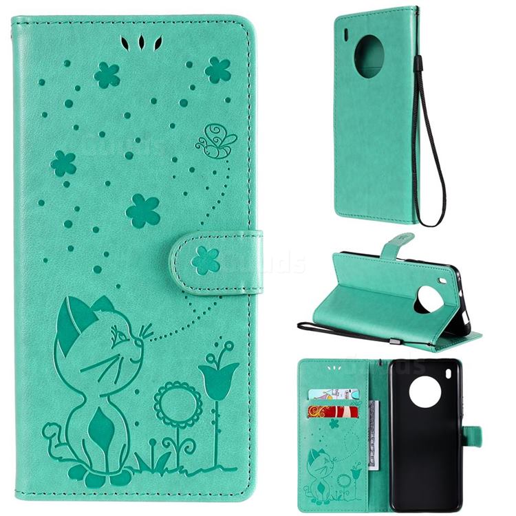 Embossing Bee and Cat Leather Wallet Case for Huawei Y9a - Green