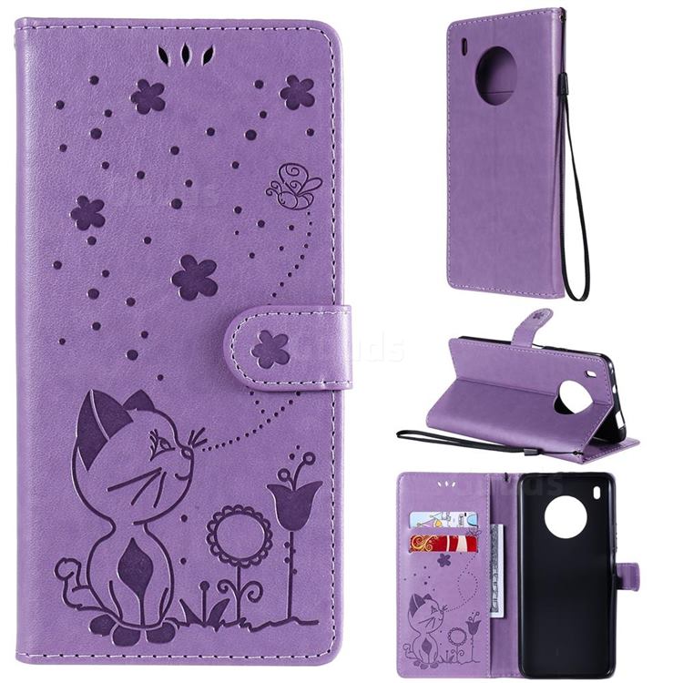 Embossing Bee and Cat Leather Wallet Case for Huawei Y9a - Purple