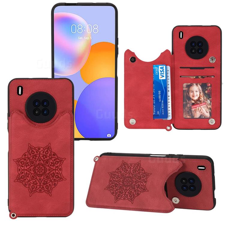 Luxury Mandala Multi-function Magnetic Card Slots Stand Leather Back Cover for Huawei Y9a - Red