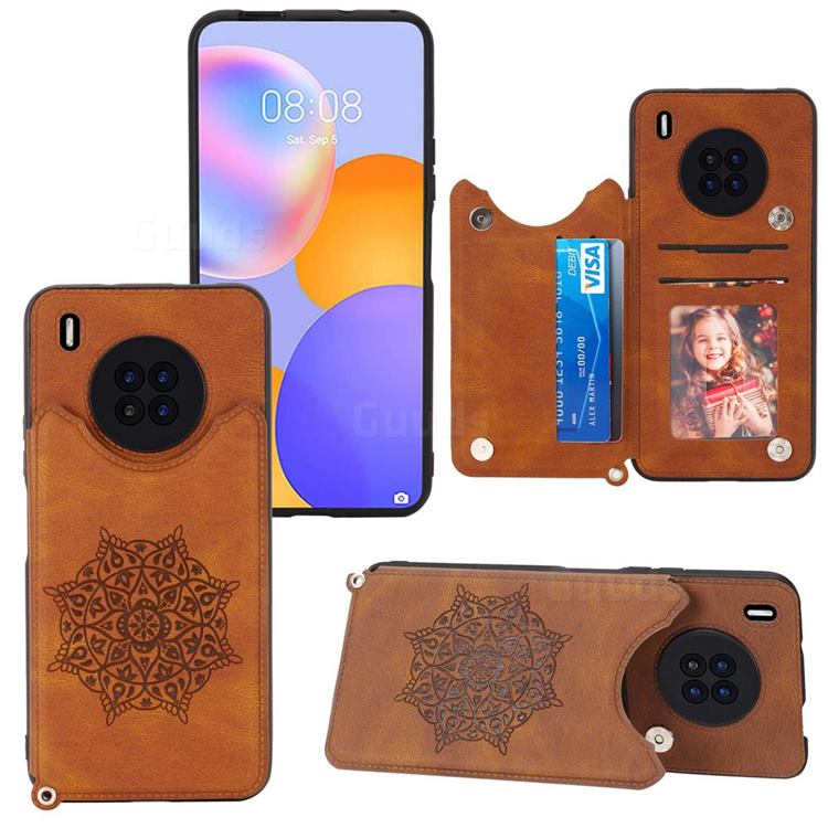 Luxury Mandala Multi-function Magnetic Card Slots Stand Leather Back Cover for Huawei Y9a - Brown