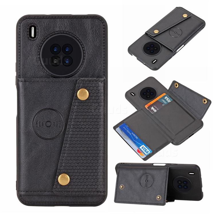 Retro Multifunction Card Slots Stand Leather Coated Phone Back Cover for Huawei Y9a - Black