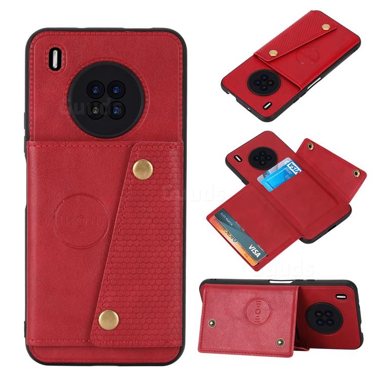 Retro Multifunction Card Slots Stand Leather Coated Phone Back Cover for Huawei Y9a - Red