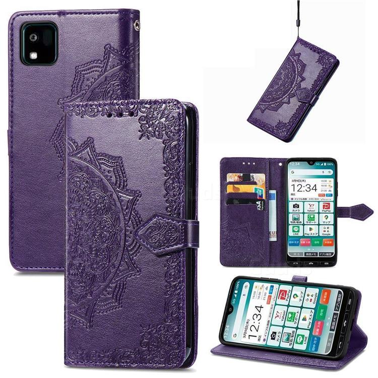 Embossing Imprint Mandala Flower Leather Wallet Case for Kyocera Kantan Sumaho3 - Purple