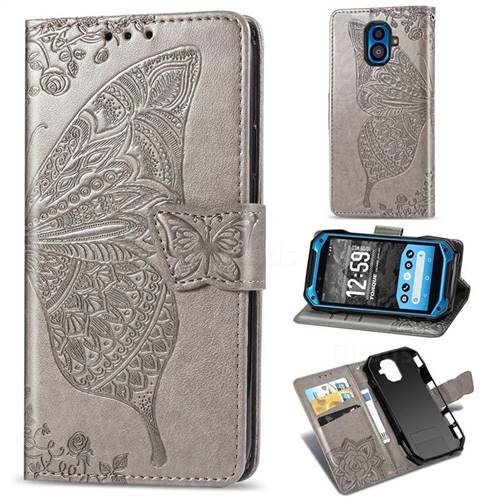 Embossing Mandala Flower Butterfly Leather Wallet Case for Kyocera Torque G04 - Gray
